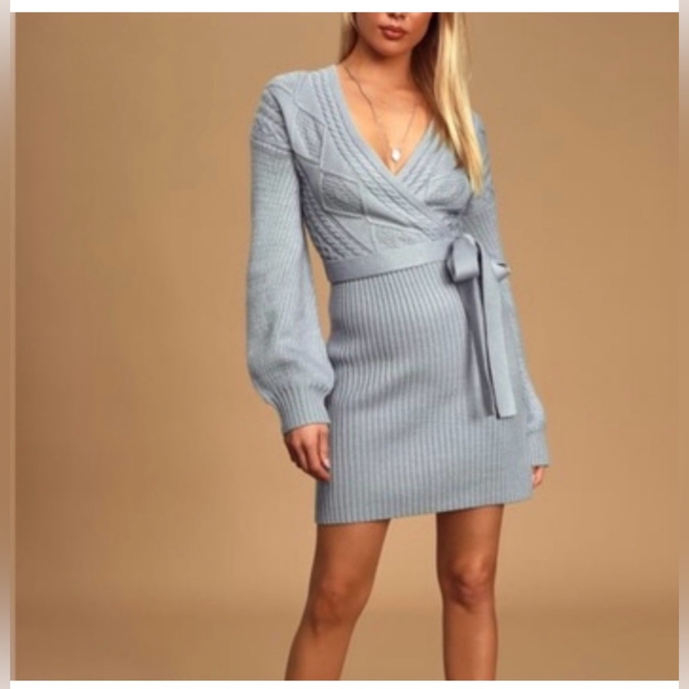 Lulu's Light Blue Long Sleeve Wrap Dress